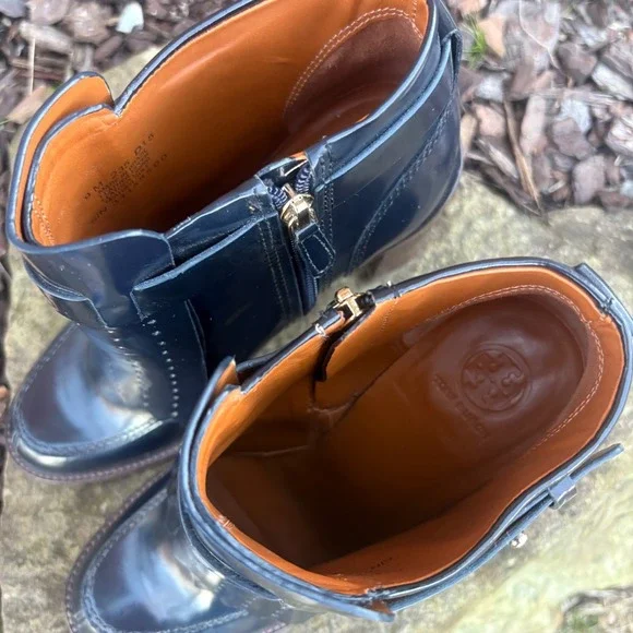 Tory Burch Hyde  Navy Leather Fringe Ankle Boots Block Heel Women Size 9 - Picture 6 of 8